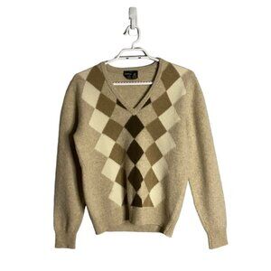 Wolsey Tan Argyle 100% Lambswool Knit V-Neck Sweater